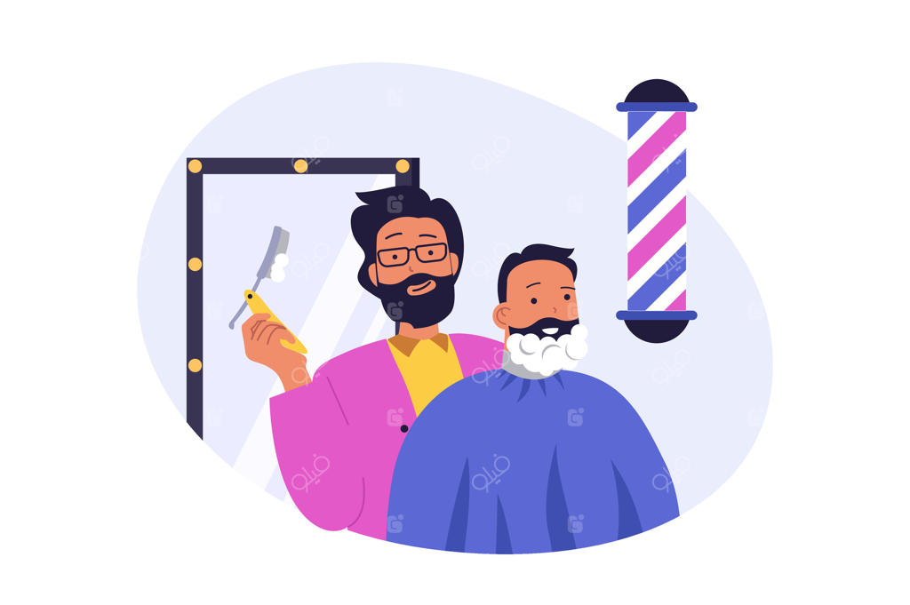 مفهوم سالن زیبایی به سبک مدرن برای وب. آرایشگر در حال اصلاح صورت مرد با تیغ حرفه‌ای، مراقبت از ریش و سبیل مشتری در آرایشگاه. تصویرسازی.