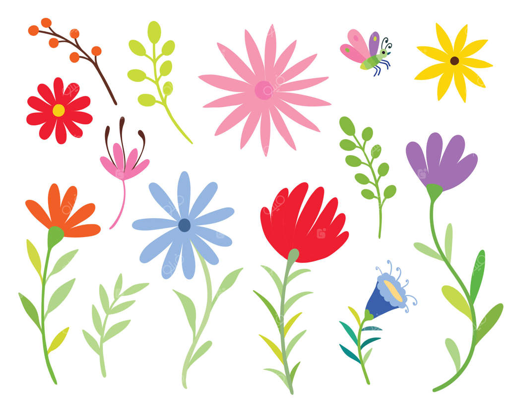 چاپ گلزار یا شکوفه‌های باغ. گل‌مینا و گل‌آبی زیبا در چمنزار. نقاشی کودکان.