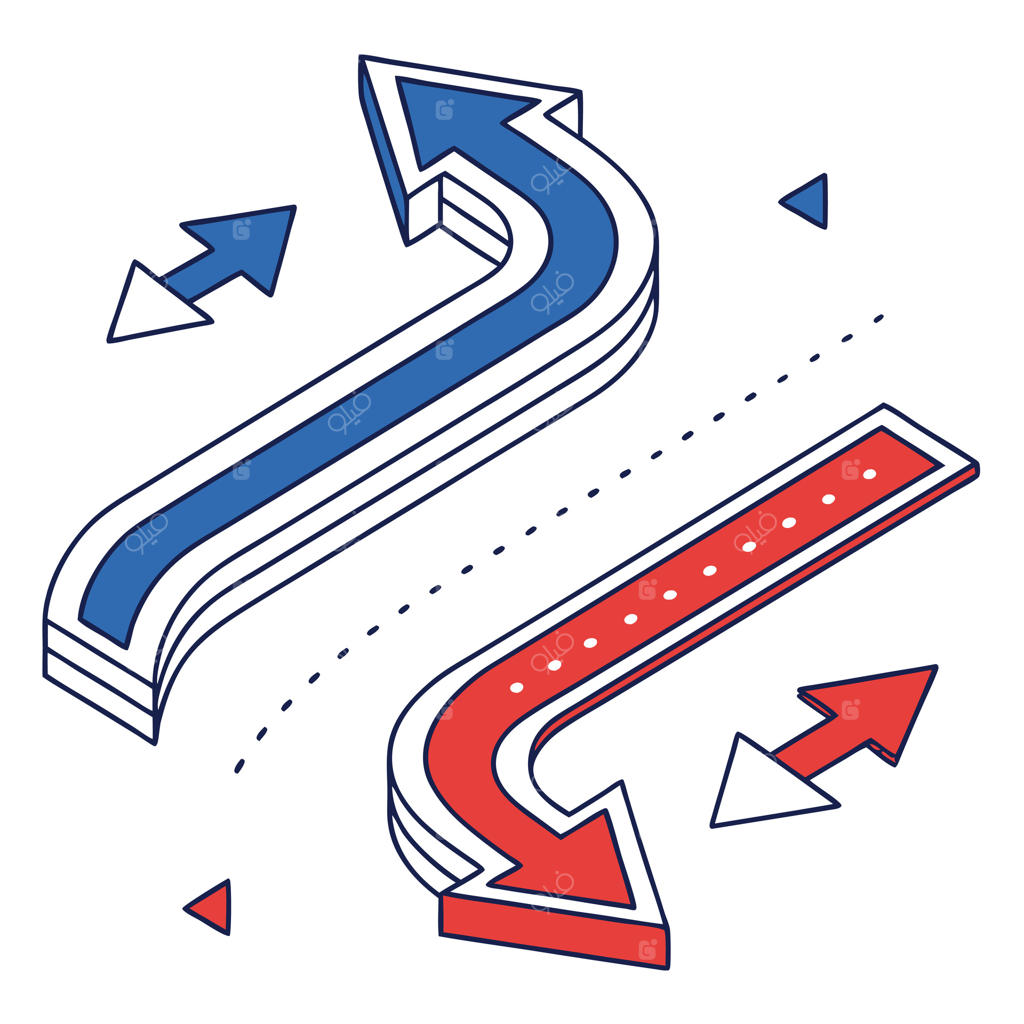 فلش‌ها به سبک ایزومتریک، مفهوم جهت و حرکت در آبی و قرمز، پویا و مدرن