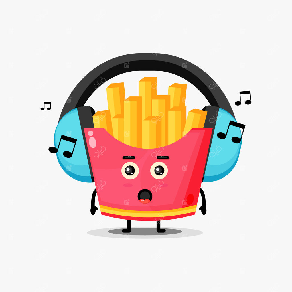 موسکات بامزه سیب‌زمینی سرخ‌کرده در حال گوش دادن به موسیقی