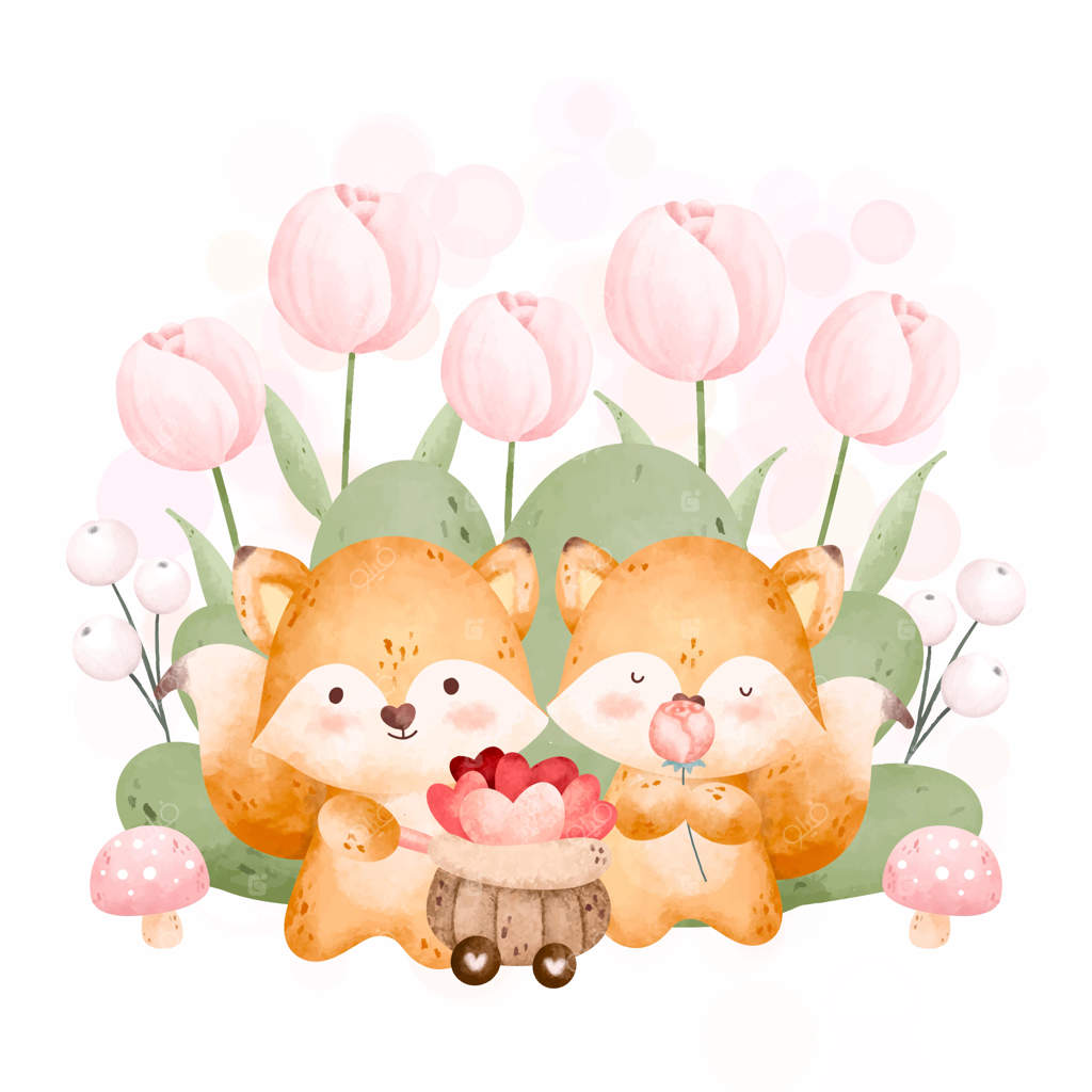 آبرنگی عاشقانه روباه‌ها و گل‌های صورتی در باغ