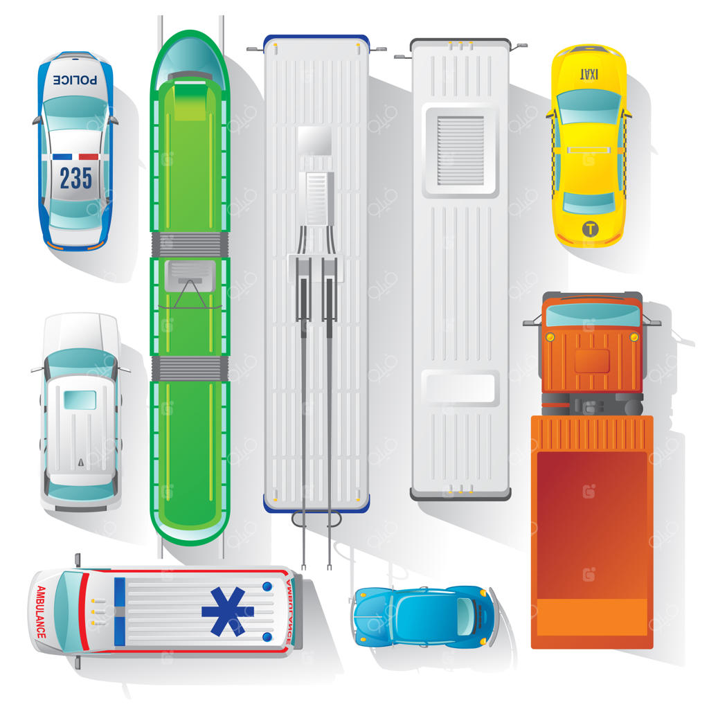 مجموعه‌ای از عناصر حمل و نقل شهری از نمای بالا