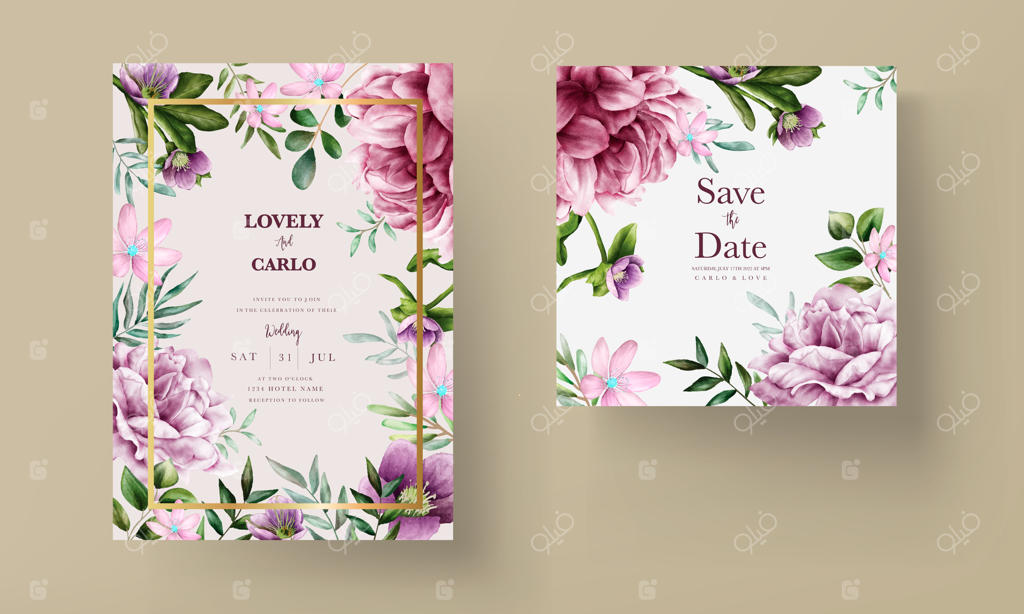 قالب کارت دعوت آبرنگی با گل‌های بنفش زیبا