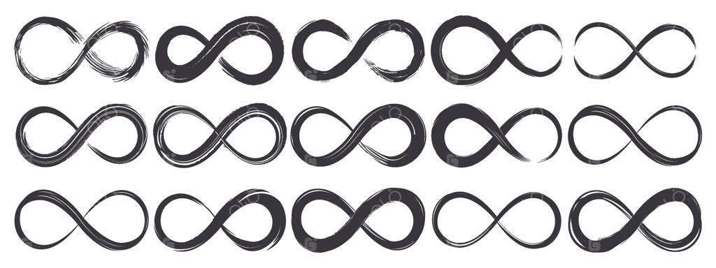 نمادهای بی‌نهایت دست‌کشیده شده، نشان ابدی با قلم‌مو. مجموعه نمادهای حلقه بی‌نهایت بافت مرکب آبستره. سیلوئت‌های بی‌پایان بی‌نهایت