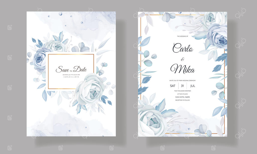 قالب دعوتنامه عروسی شیک با طرح گل‌های آبی