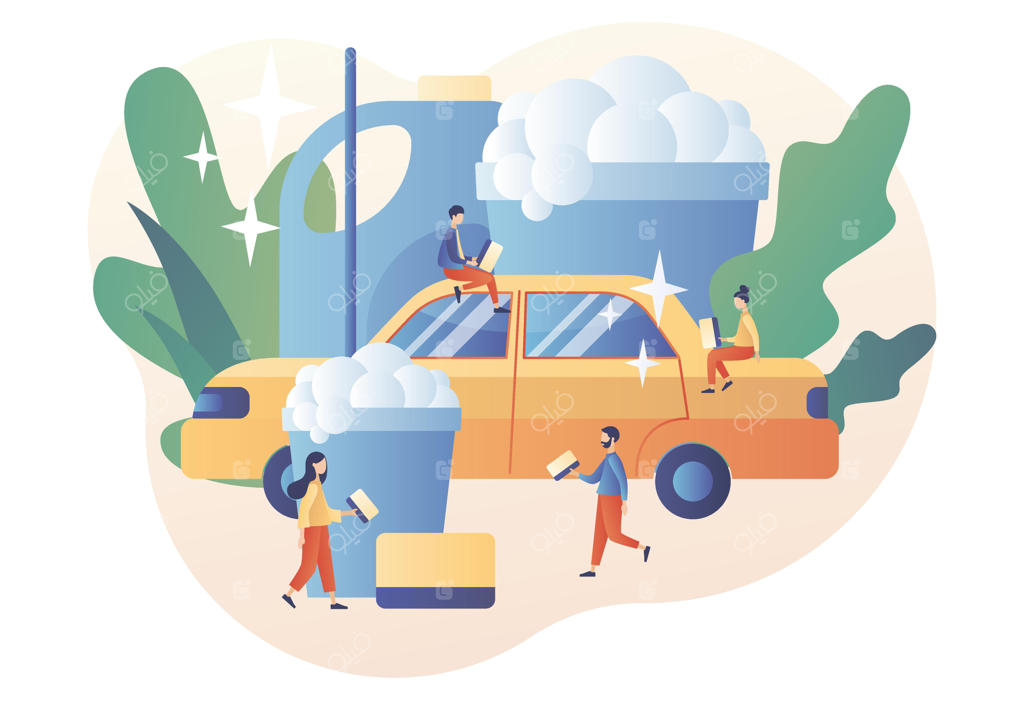 آدمک‌های کوچک مشغول شست‌وشوی ماشین با آب و کف. خدمات کارواش. خودرو تمیز شد.