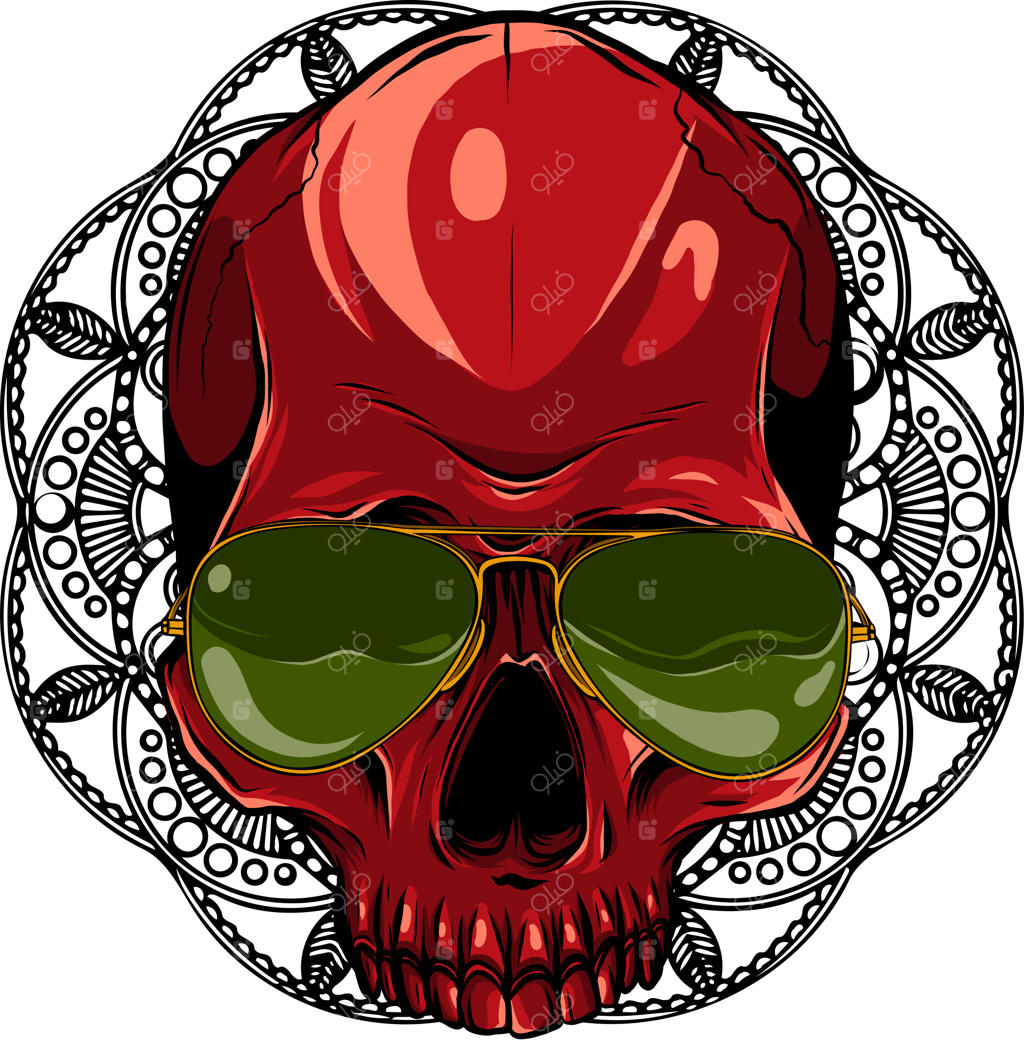 تصویر جمجمه با عینک آفتابی و ماندالا در پس‌زمینه