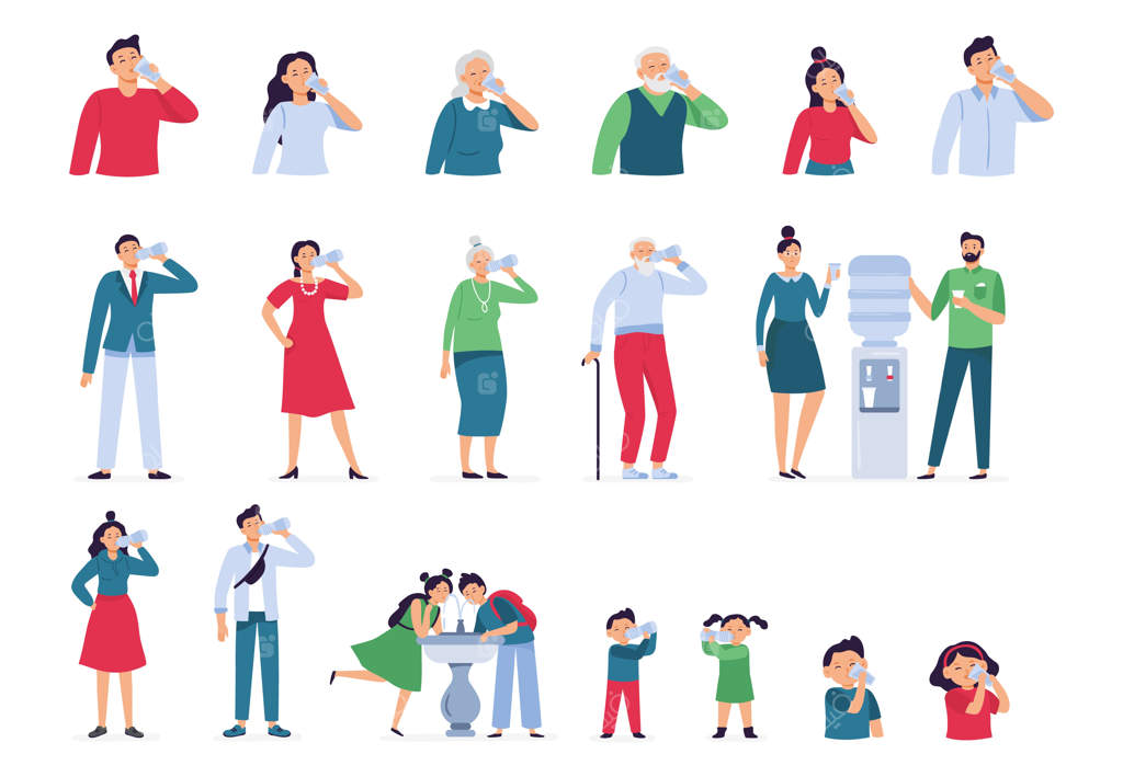 نوشیدن آب: بطری، لیوان و کولر برای کودکان و سالمندان، مردان و زنان بالغ - زندگی سالم با آب آشامیدنی.