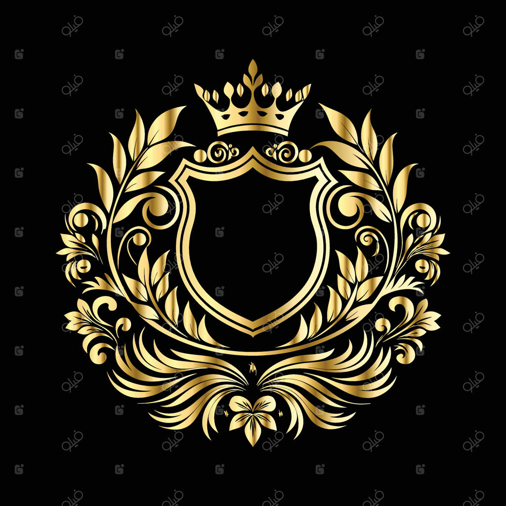 سپر طلایی با تاج و برگ‌ها در پس‌زمینه سیاه