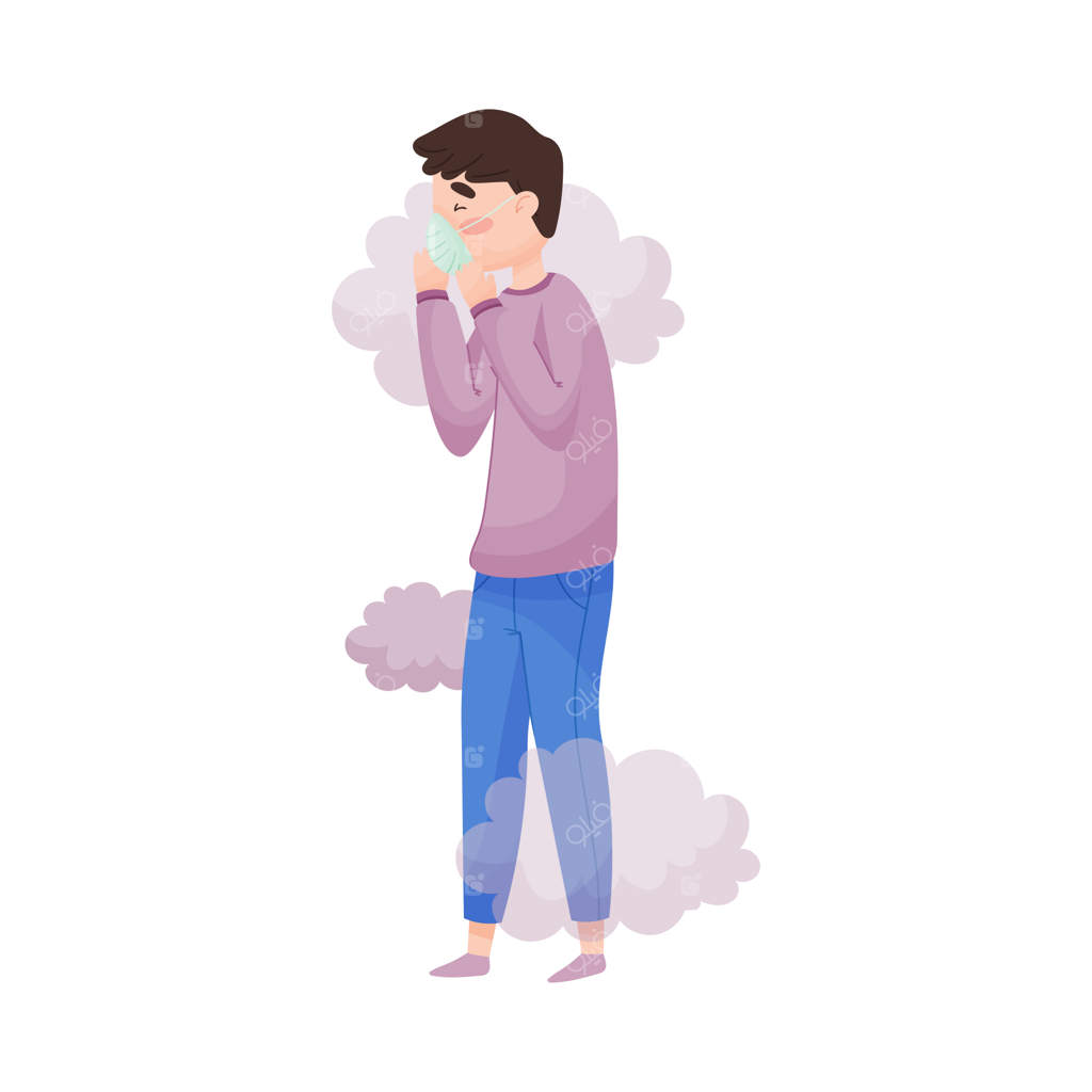 مرد جوانی در حال پیاده‌روی با ماسک ایمنی به‌خاطر هوای آلوده و گرد و غبار - تصویرسازی وکتور