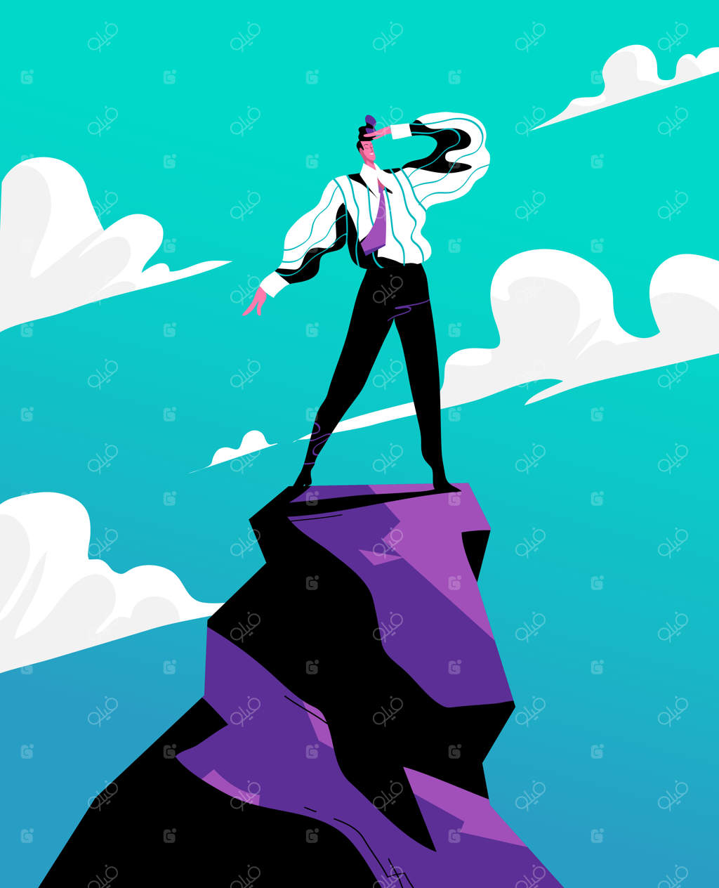 مرد موفق بر فراز کوه به افق می‌نگرد و به دنبال چالش‌های جدید است