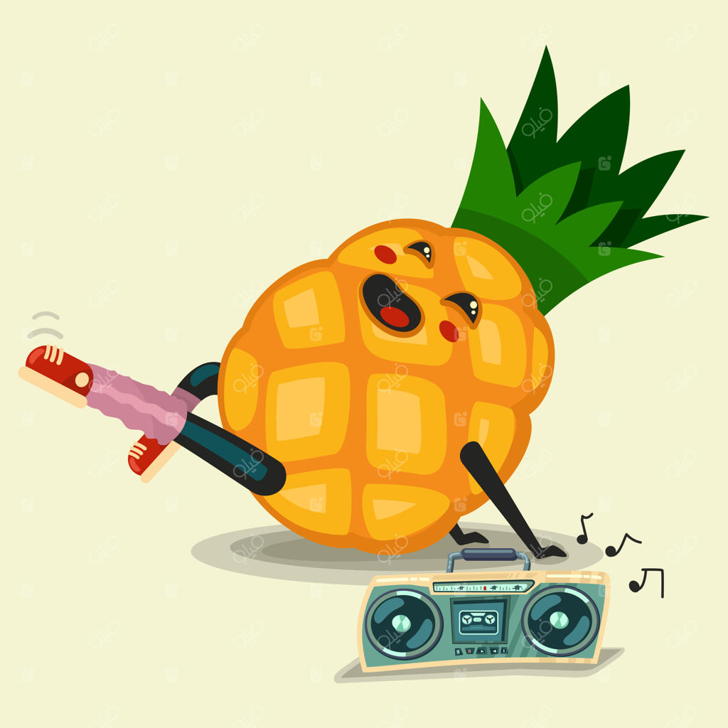 شخصیت کارتونی بامزه آناناس در حال ورزش و گوش دادن به بوم‌باکس. رژیم غذایی سالم و ورزش. طرح وکتور.