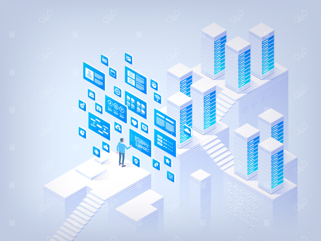 مدیریت پایگاه داده. تصویرسازی وکتور ایزومتریک از مفهوم فناوری پیشرفته
