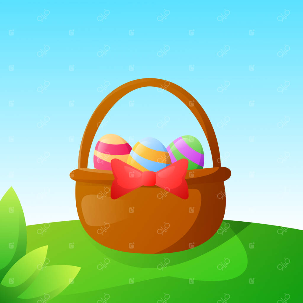 سبد تخم‌مرغ‌های عید پاک با یک پاپیون قرمز روی چمن سبز قرار دارد.