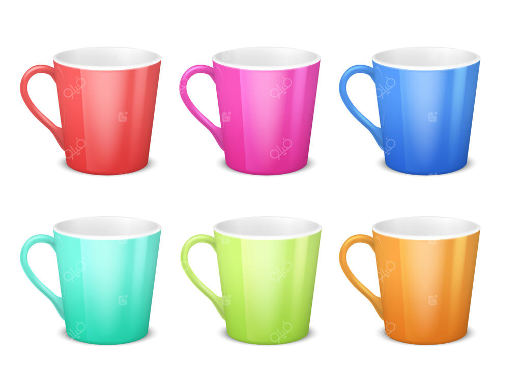 مجموعة‌ای از لیوان‌های سه‌بعدی رنگارنگ و فنجان‌های سرامیکی خالی