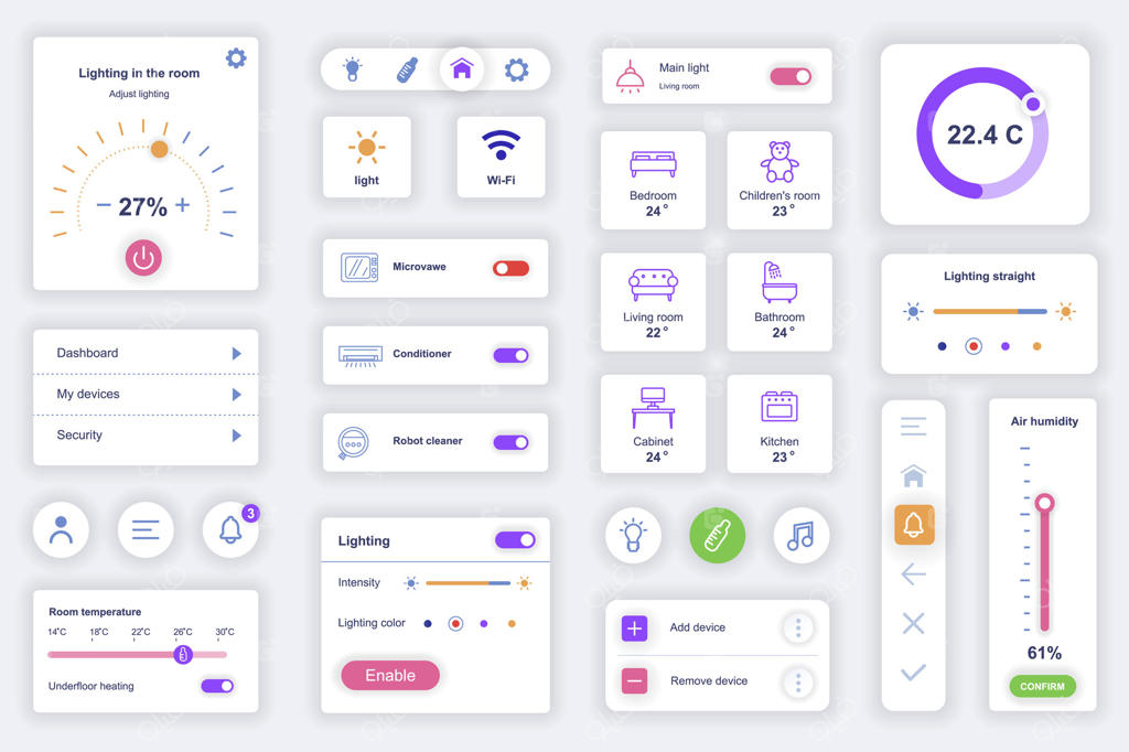 مجموعه المان‌های رابط کاربری برای اپلیکیشن موبایل خانه هوشمند؛ کیت طراحی شامل نمودارهای HUD، کنترل امنیتی، پایش دما، برق و روشنایی. بسته صفحات UI، UX و GUI شامل اجزای وکتور.