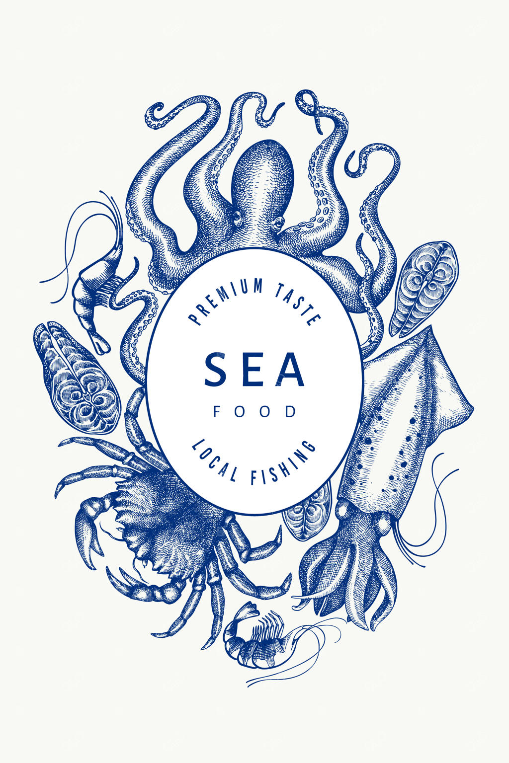 قالب طراحی غذاهای دریایی. تصویرسازی دستی وکتور غذاهای دریایی.