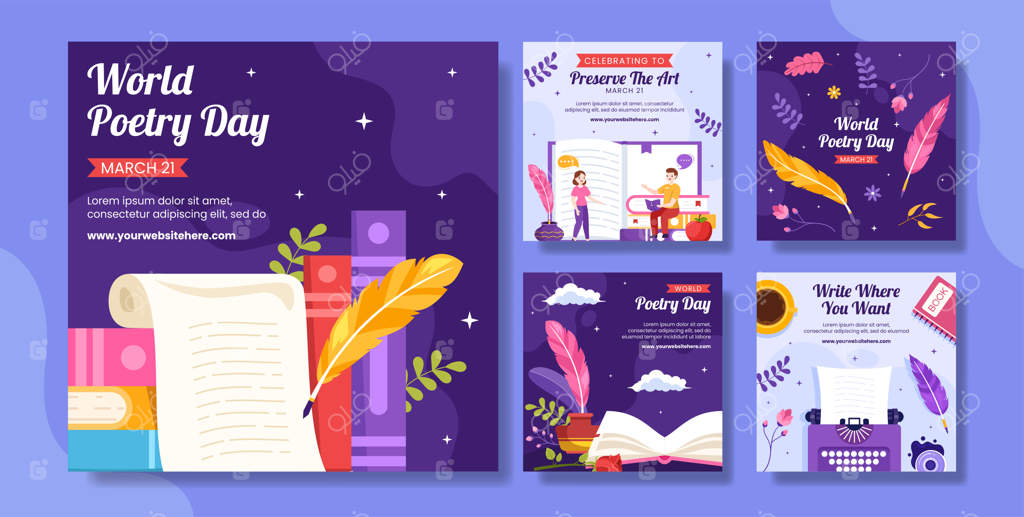 پست شبکه‌های اجتماعی روز جهانی شعر با طرح‌های کارتونی قلم و کاغذ دستی