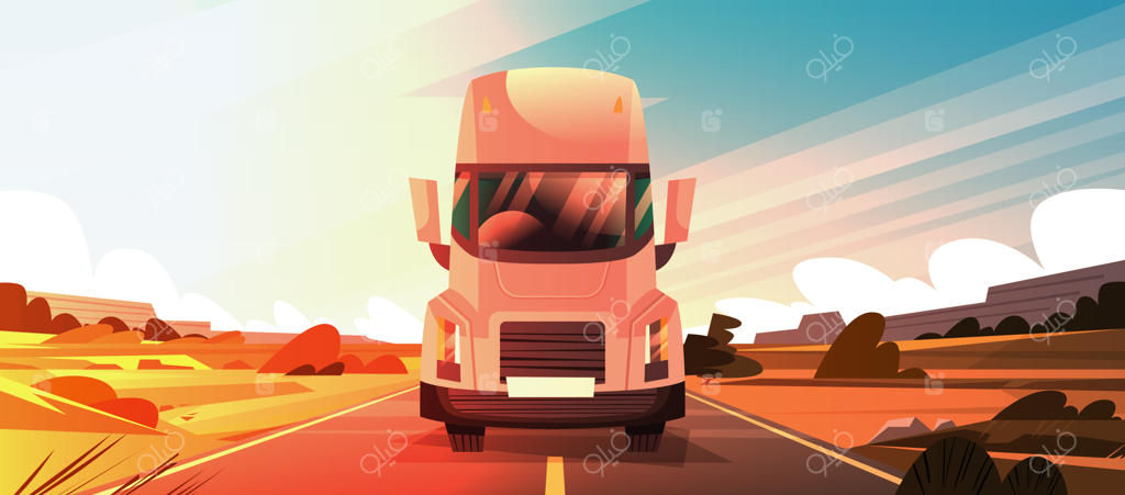 تریلی بزرگ در جاده روستایی به هنگام غروب آفتاب در حال حرکت است