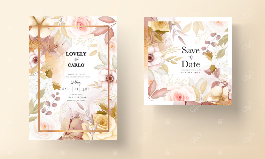 ست قالب دعوتنامه عروسی با طرح گل‌ها و برگ‌های قهوه‌ای شیک