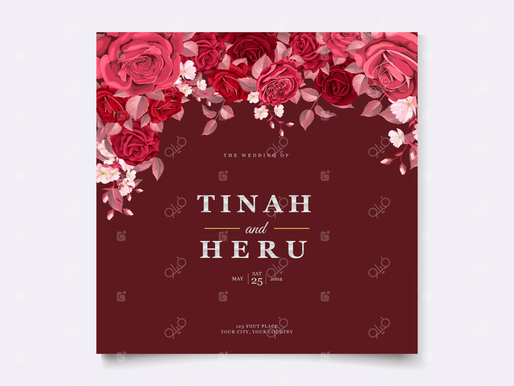 قالب کارت عروسی شیک با گل‌ها و برگ‌های زرشکی