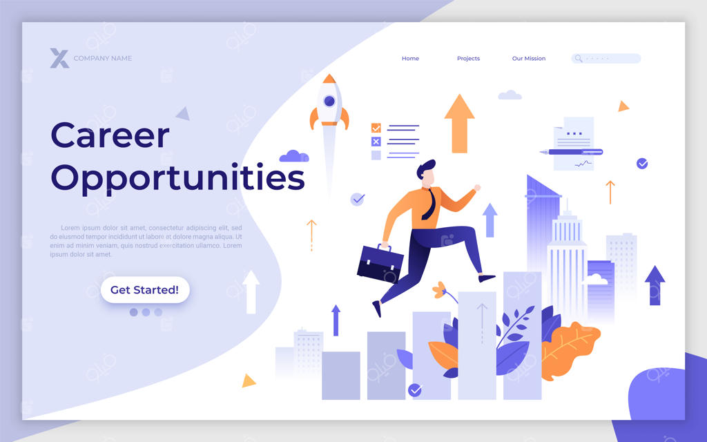 قالب صفحه فرود با تصویر کارمند یا کارگر در حال بالا رفتن از پله‌ها: فرصت‌های شغلی برای رشد و پیشرفت در کار - تصویرسازی تخت برای وب‌سایت