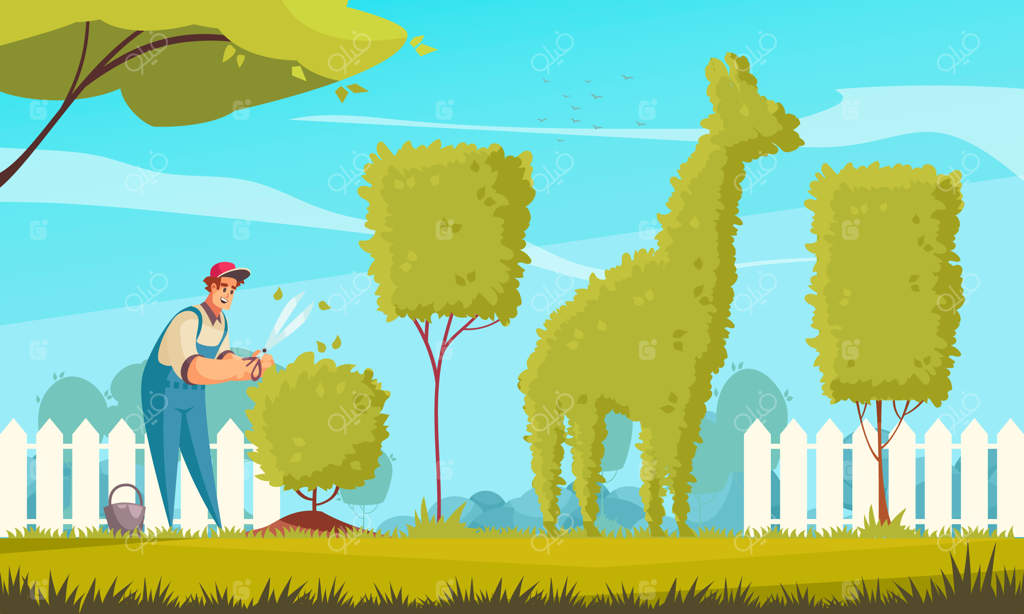 باغبان در حال هرس کردن درختان و بوته‌ها - تصویرسازی تخت