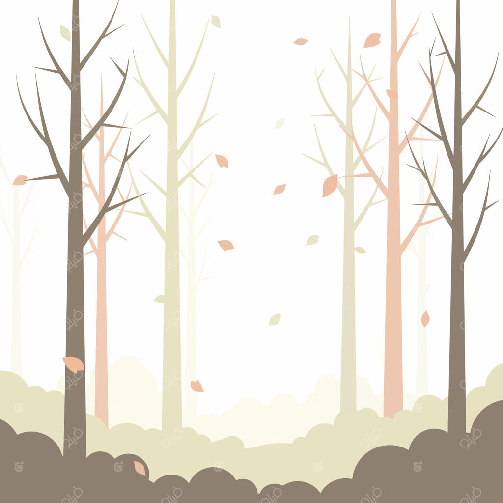 تصویر جنگل پاییزی با درختان لخت و برگ‌های ریزان در رنگ‌های ملایم پاستلی.