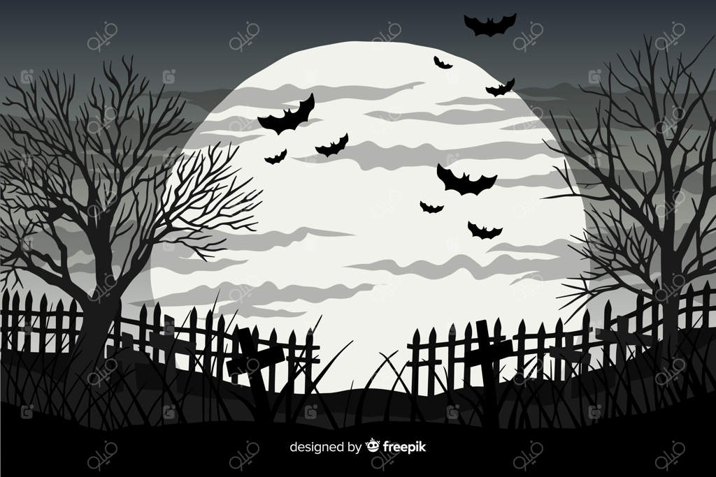 پس‌زمینه هالووین با دست کشیده شده با خفاش‌ها و ماه کامل