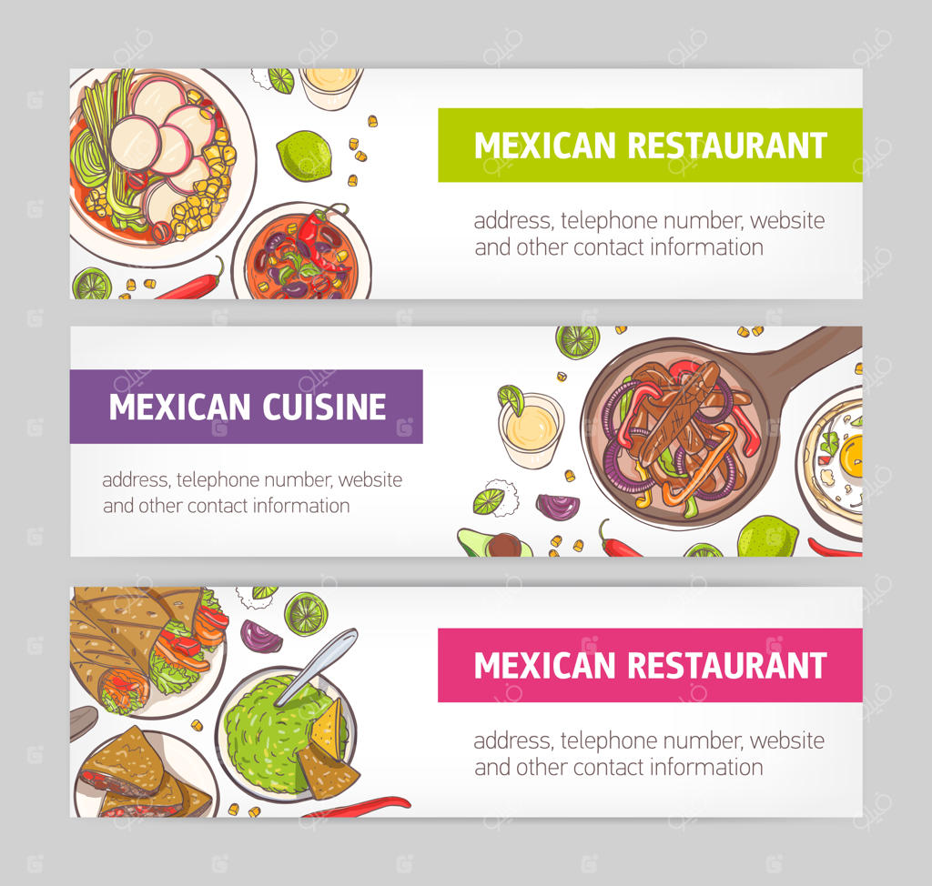 مجموعه‌ای از بنرهای وب افقی با غذاهای ملی مکزیکی و جایی برای متن