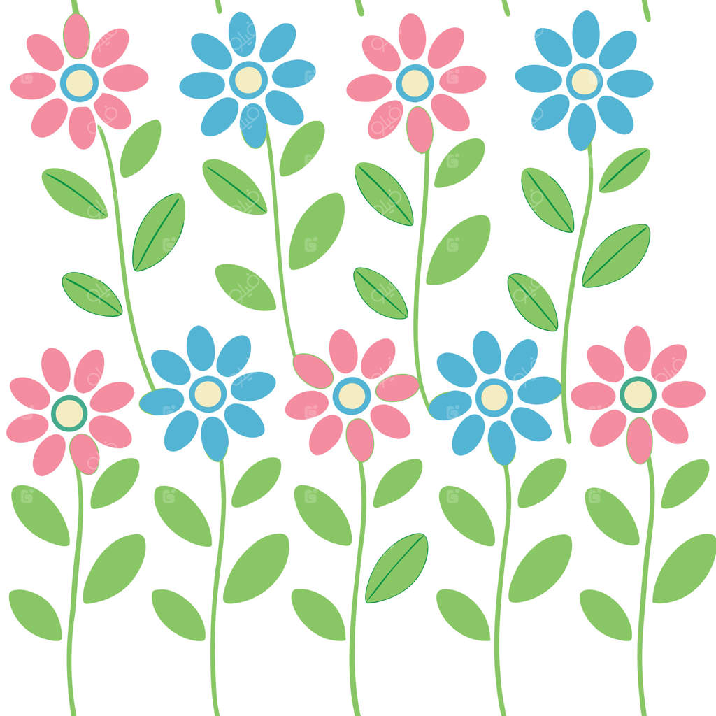 طراحی پترن گل‌های بهاری در باغی با ترکیب صورتی و آبی زیبا