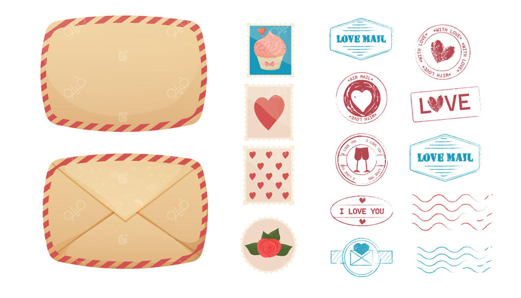 مجموعه تمبر عشق، نامه عاشقانه، پاکت پستی. چاپ ولنتاین قدیمی، طرح عروسی. تزیین کارت‌پستال بافت‌دار. تمبر قلب.