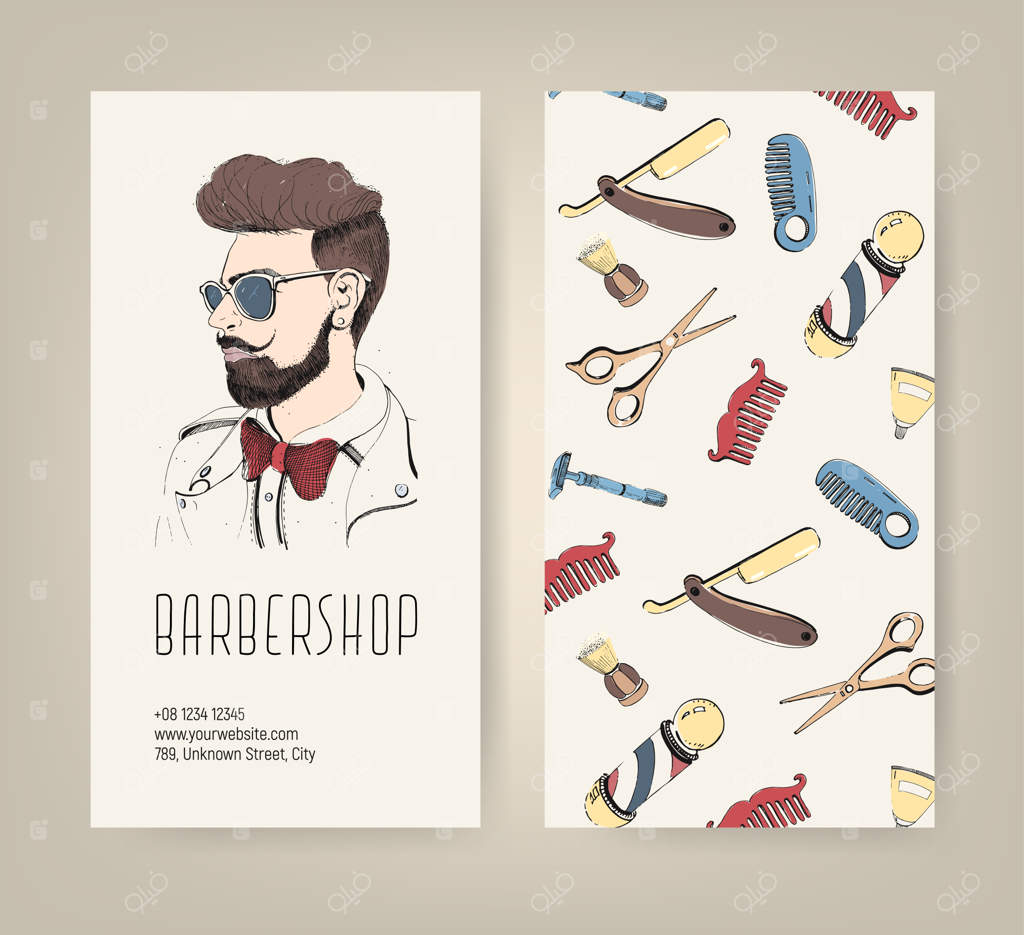 تراکت آرایشگاه با ابزار آرایشگری و مدل موی مد روز مردانه - تصویر رنگارنگ.