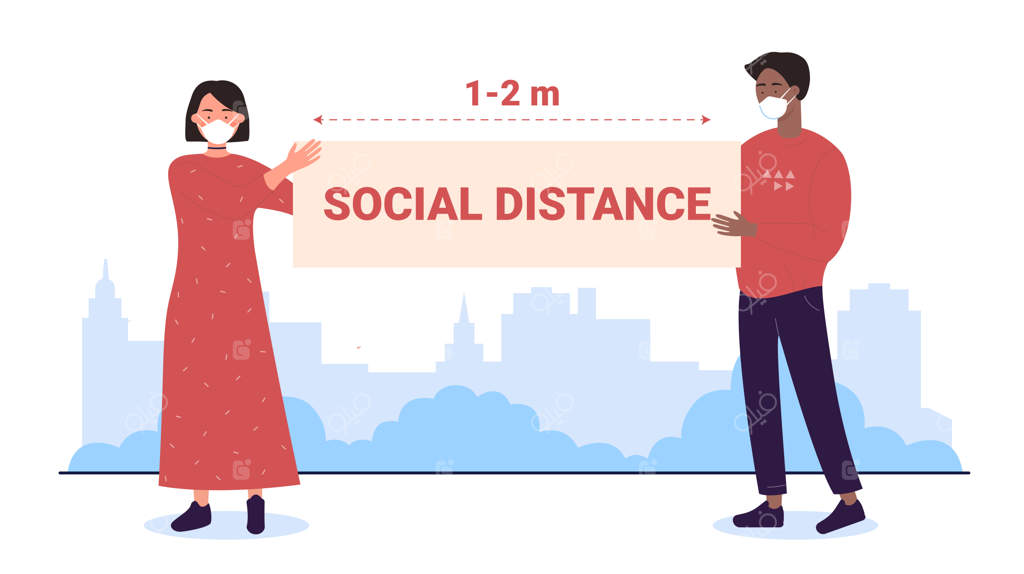فاصله‌گذاری اجتماعی در فضای باز، شخصیت‌های کارتونی با ماسک در حال فاصله‌گیری، در حال نگه‌داشتن بنر
