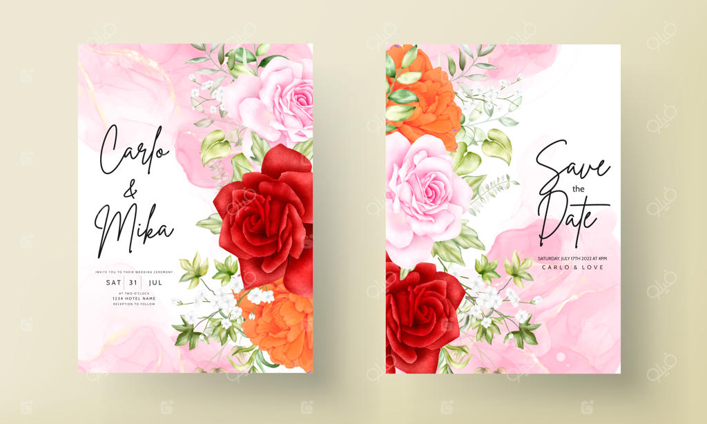 کارت دعوت عروسی جذاب با طراحی دستی گل‌ها در آبرنگ