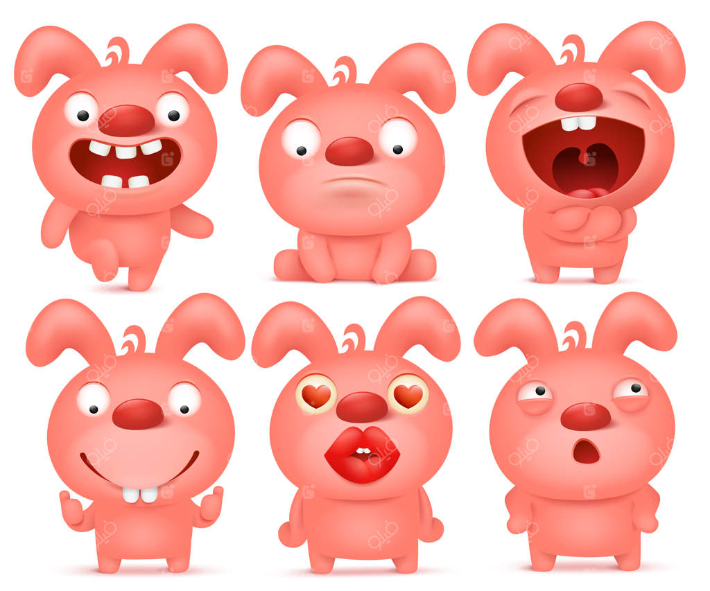 مجموعه‌ای از شخصیت‌های کارتونی ایموجی خرگوش صورتی.