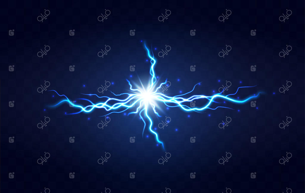 درخشش رعد و برق روی پس‌زمینه شفاف: توپ رعد و برق، برخورد شوک الکتریکی. جرقه آبی واقعی، تخلیه الکتریکی طوفان رعد و برق
