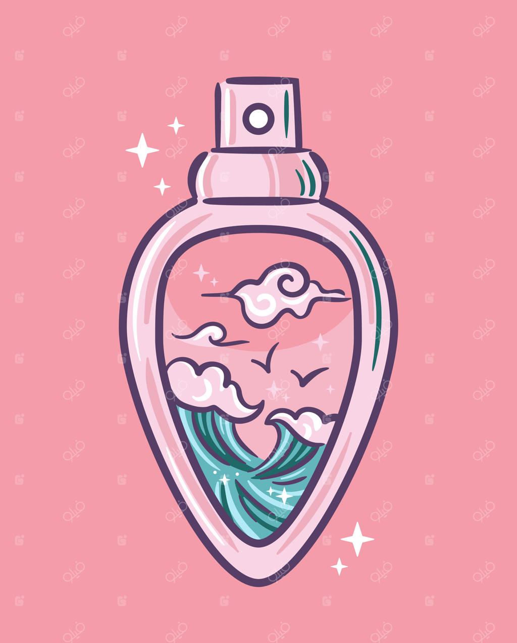 طراحی بطری عطر رنگارنگ با منظره‌ای زیبا از اقیانوس به سبک کاوایی (کیوت) آسیایی. تصویرسازی به سبک اسکچ با رایحه‌ی دریایی. مناسب برای استیکر، بسته‌بندی و المان‌های طراحی.