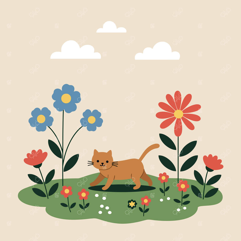 گربه‌ نارنجی بازیگوش در میان گل‌های رنگارنگ در باغی آفتابی، تصویری با سبک طراحی ساده و شاد