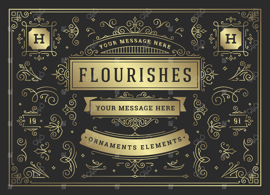 مجموعه عناصر طراحی تزیینات قدیمی: نقش‌ و نگارهای کلاسیک و تزئینی، ترکیب‌های خطاطی فاخر