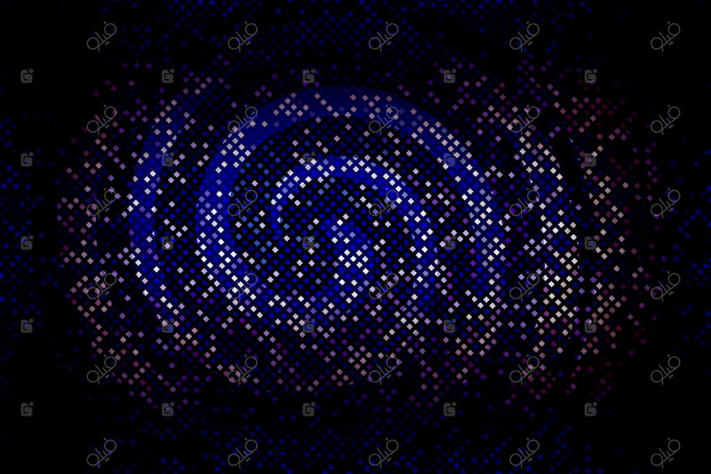 ترکیب دیجیتال آبستره با عناصر هندسی و درخشش نئون، طراحی مارپیچ آبی با دایره‌های درخشان و الگوهای نورانی چرخان، نقاط دایره‌ای آبی و زرد