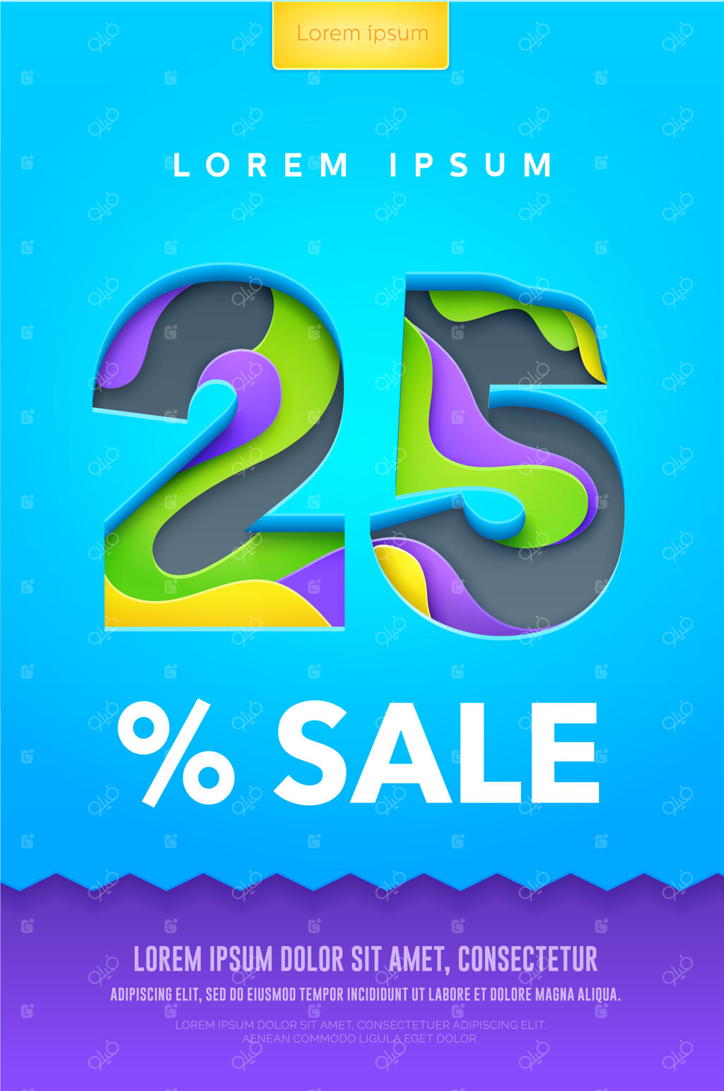 پوستر یا فلایر تخفیف با طرح هنری کاغذی. تصویرسازی وکتور رنگارنگ و جذاب