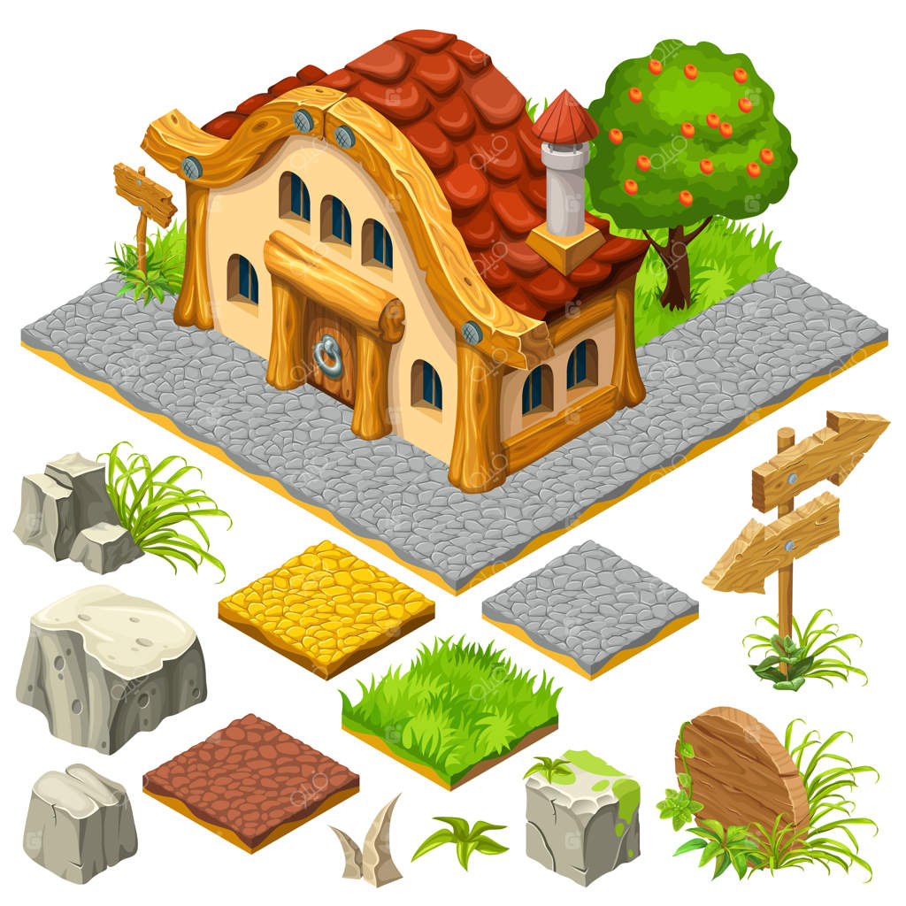 مجموعه کلبه و اشیای ایزومتریک.