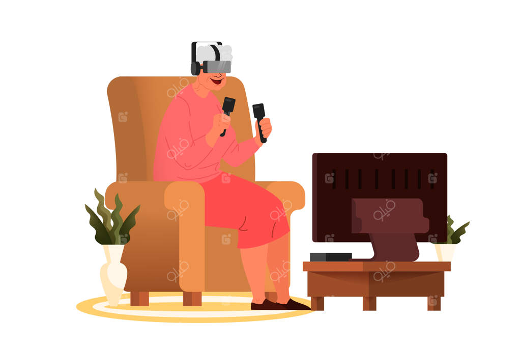 بازی یک زن مسن: مادربزرگ با کنترلر کنسول و عینک واقعیت مجازی بازی می‌کند. شخصیت سالخورده در زندگی مدرن.