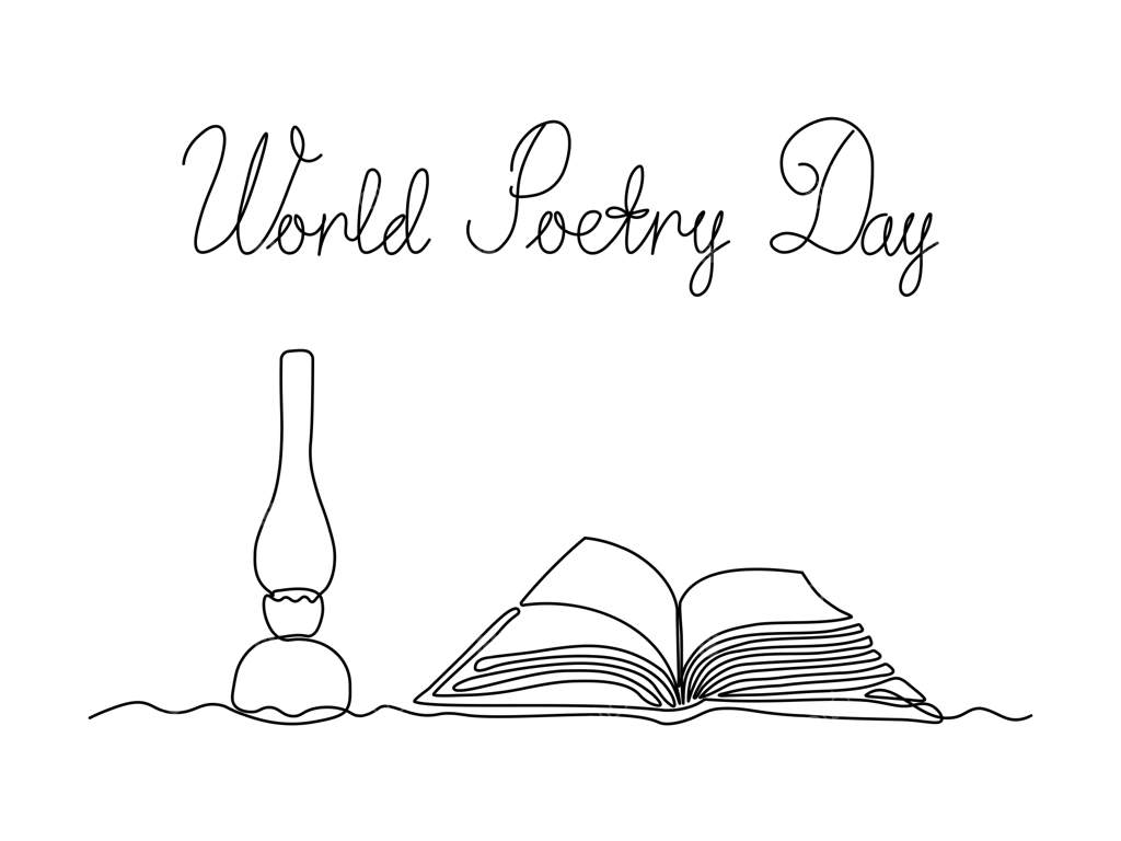 روز جهانی شعر: نماد چراغ نفتی قدیمی و کتاب باز در طراحی خطی تک‌پیچیده