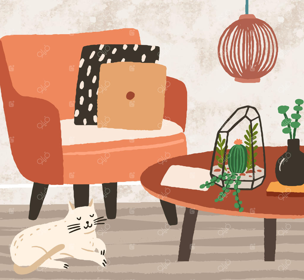 طراحی دنج اتاق با صندلی راحت و کوسن‌ها. گربه خواب‌آلود کنار میز قهوه‌خوری مدرن با گیاه خانگی در گلدان و تراریوم. طراحی به سبک هوگه. تصویرسازی بافت‌دار به سبک فلت.