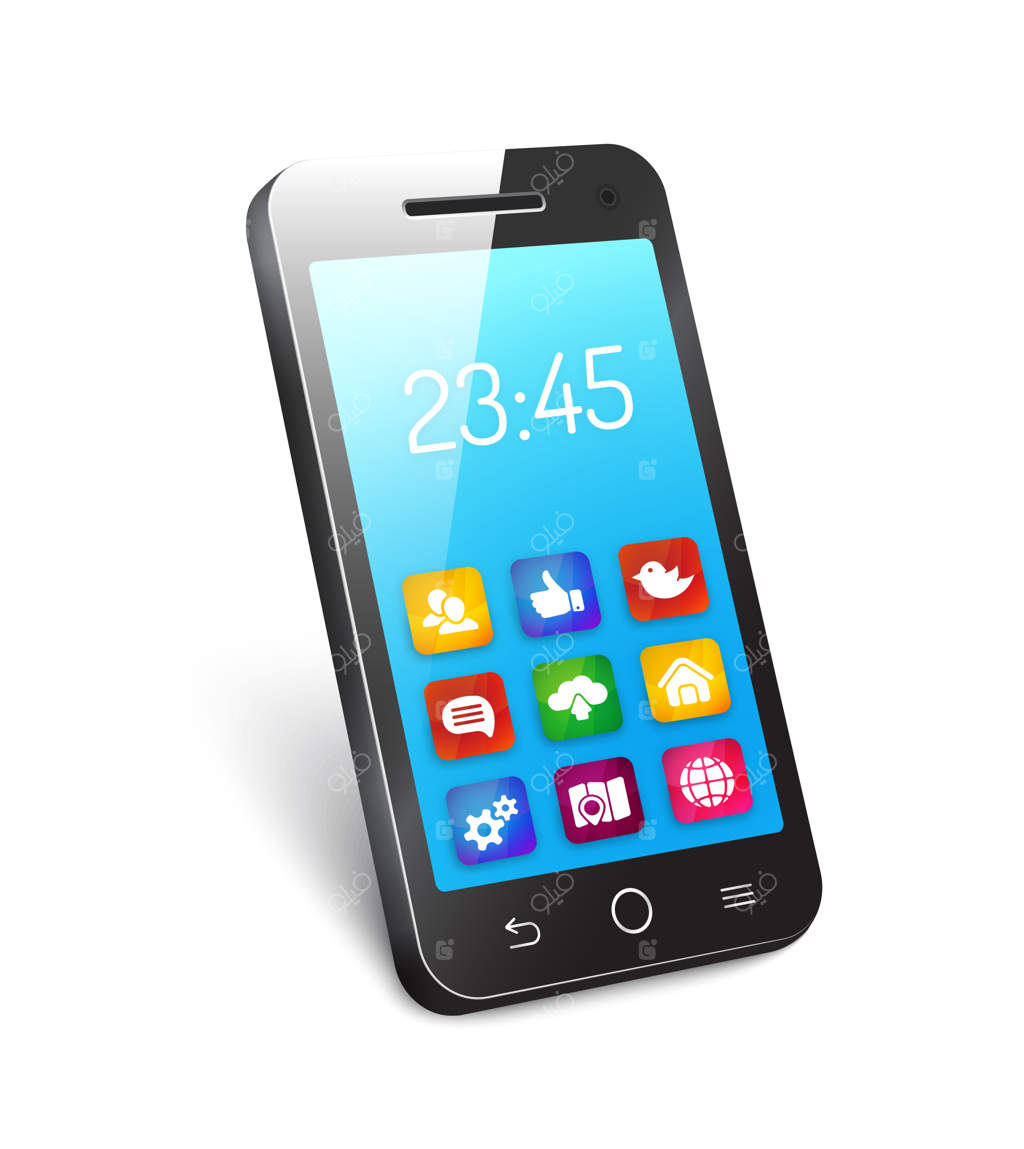 گوشی هوشمند سه‌بعدی با صفحه نمایش آبی براق و نمایش زمان