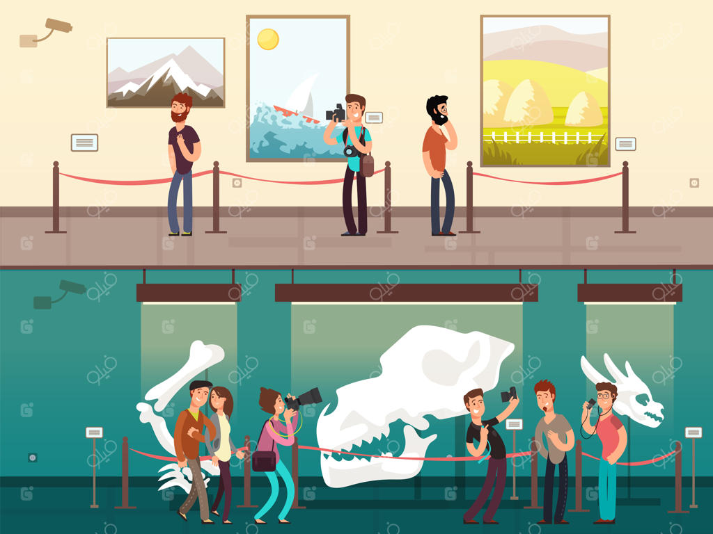 نمایشگاه گالری موزه کارتون با نقاشی، نمایش‌های علمی و بازدیدکنندگان