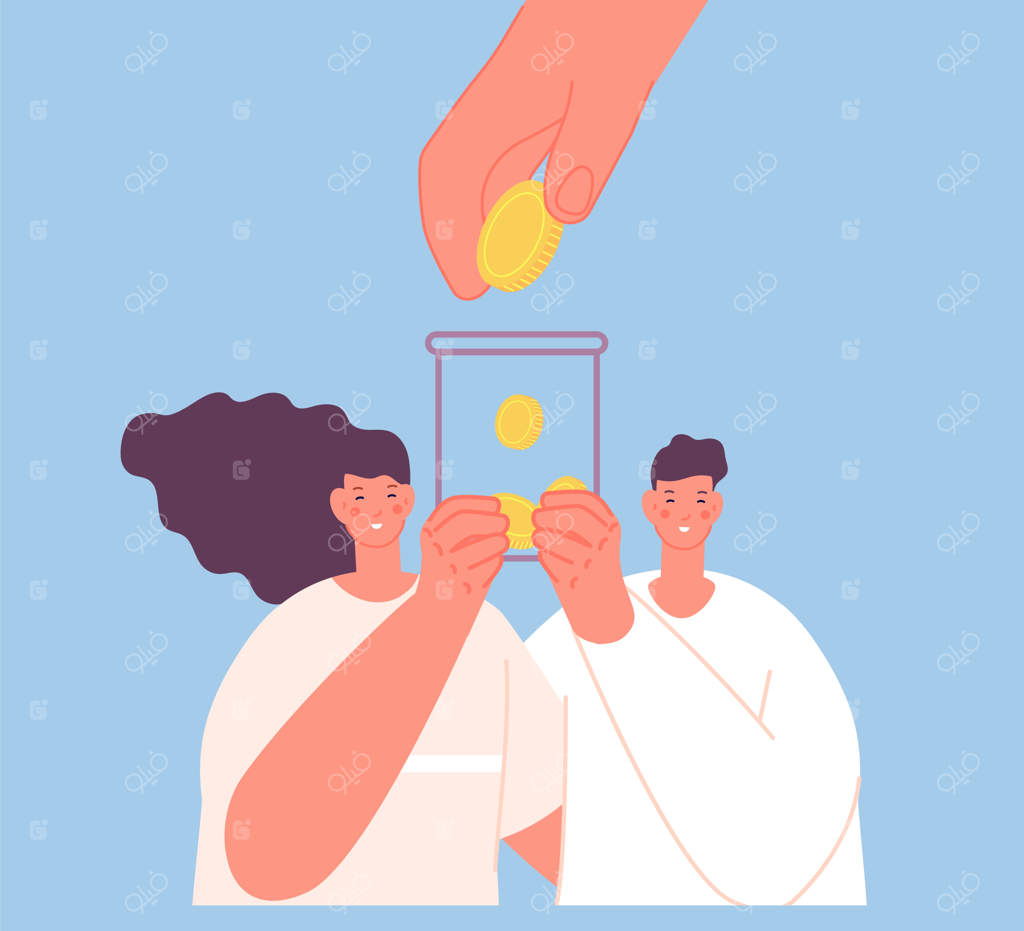 تأمین مالی جمعی: دانشجویان برای تحصیل پول جمع می‌کنند. دریافت وام بورس تحصیلی یا کمک‌هزینه. خانواده جوان و سکه‌ها: راهی برای خانه یا اجاره. مفهوم اقتصاد کسب‌وکار.