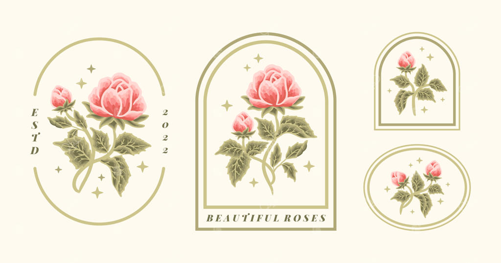 مجموعه‌ای از عناصر لوگوی گل رز نارنجی زیبایی زنانه وینتیج با قاب و شاخه‌های برگ